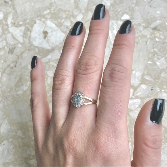 Sky Blue Topaz & Flower Diamond Halo Gold Ring - Picture 3 of 8